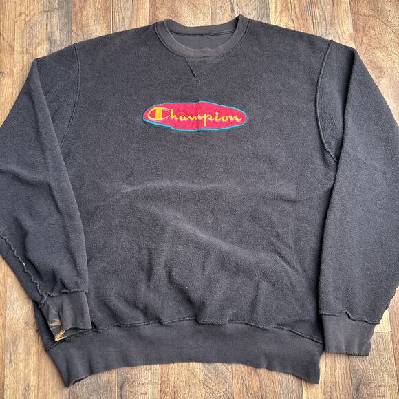 Vintage 90s Champion Sweatshirt Men's Large Black Embroidered Towel Crew Neck - Picture 1 of 12